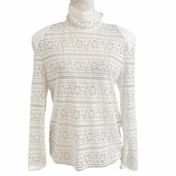 SANDRO HAMIA WHITE OPEN SHEER LACE MOCK NECK LONG SLEEVE SHOULDER PAD TOP - M - Picture 2 of 9